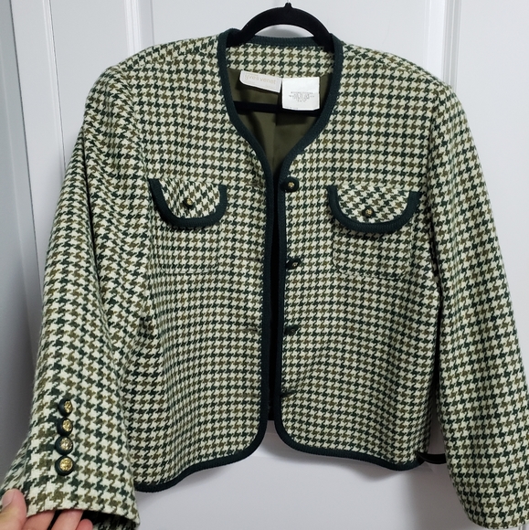 VINTAGE YVES VINET Green Houndstooth Wool Gold Lion Buttons Blazer - Picture 4 of 13